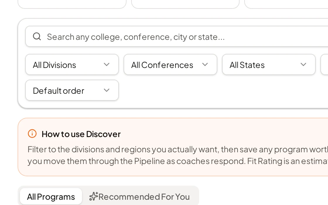 HoopReach Discover screen with division, conference and state filters and program results