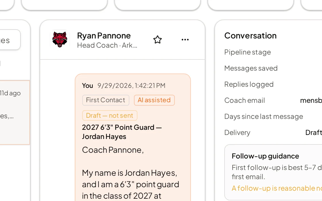 HoopReach Messages screen with a coach conversation and a saved first-contact draft