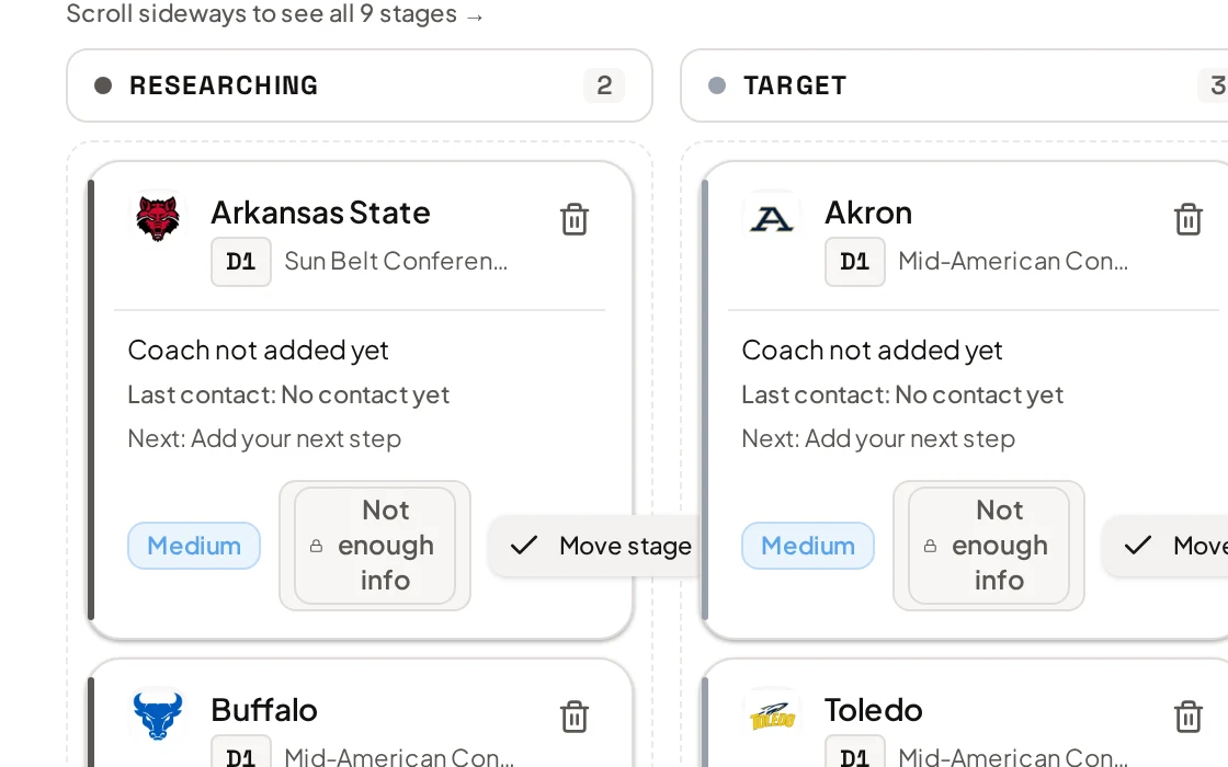 HoopReach Pipeline board with schools in Researching, Target and Contacted stages