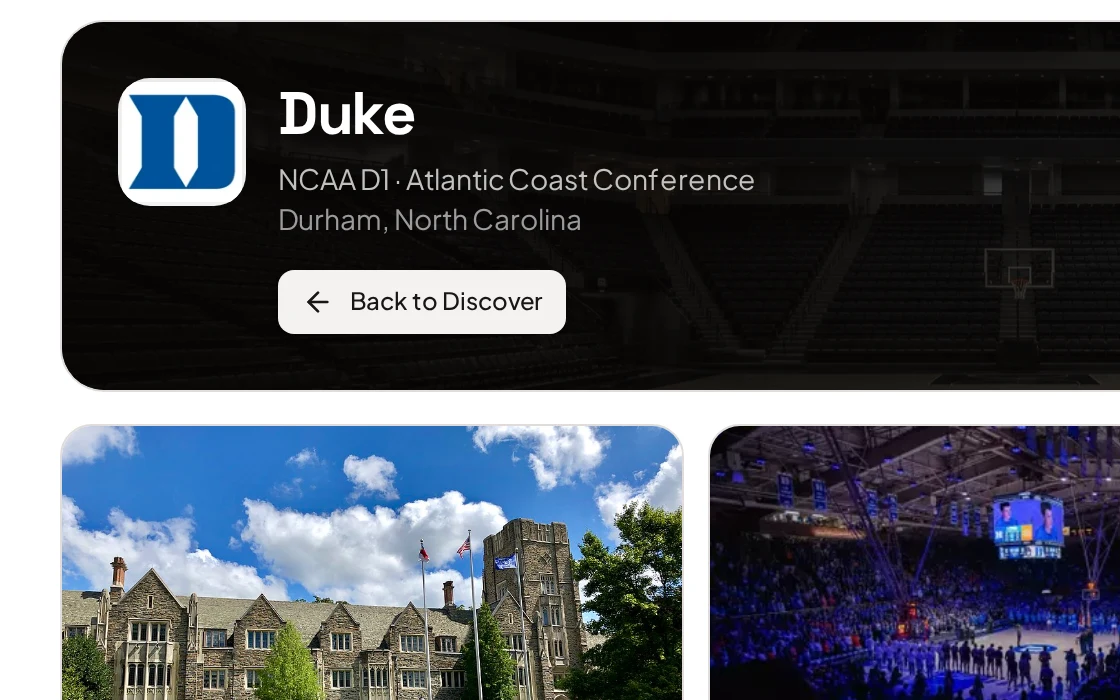 HoopReach school page for Duke with campus, court and campus-life photos