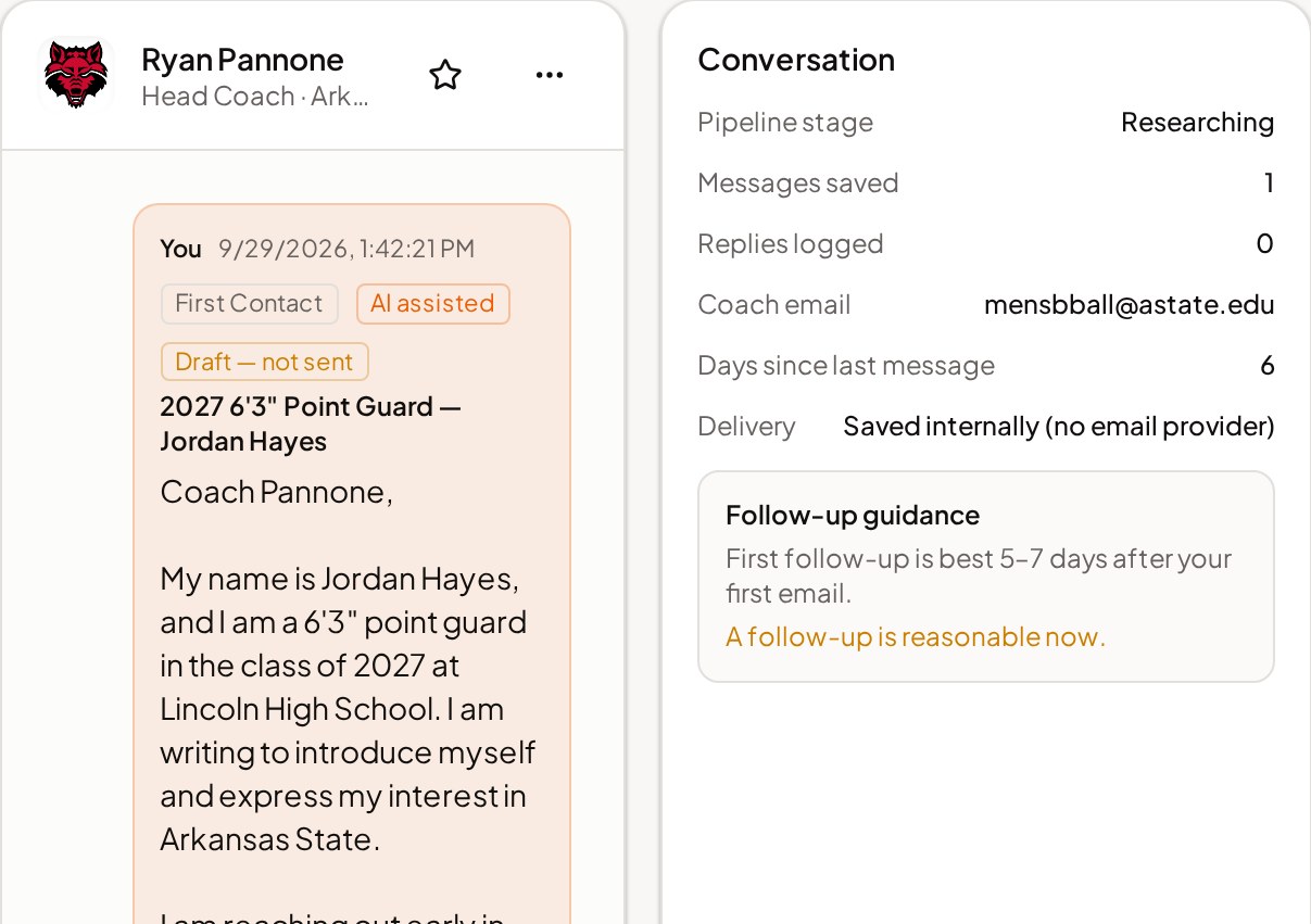 Real HoopReach drafted coach email with follow-up guidance